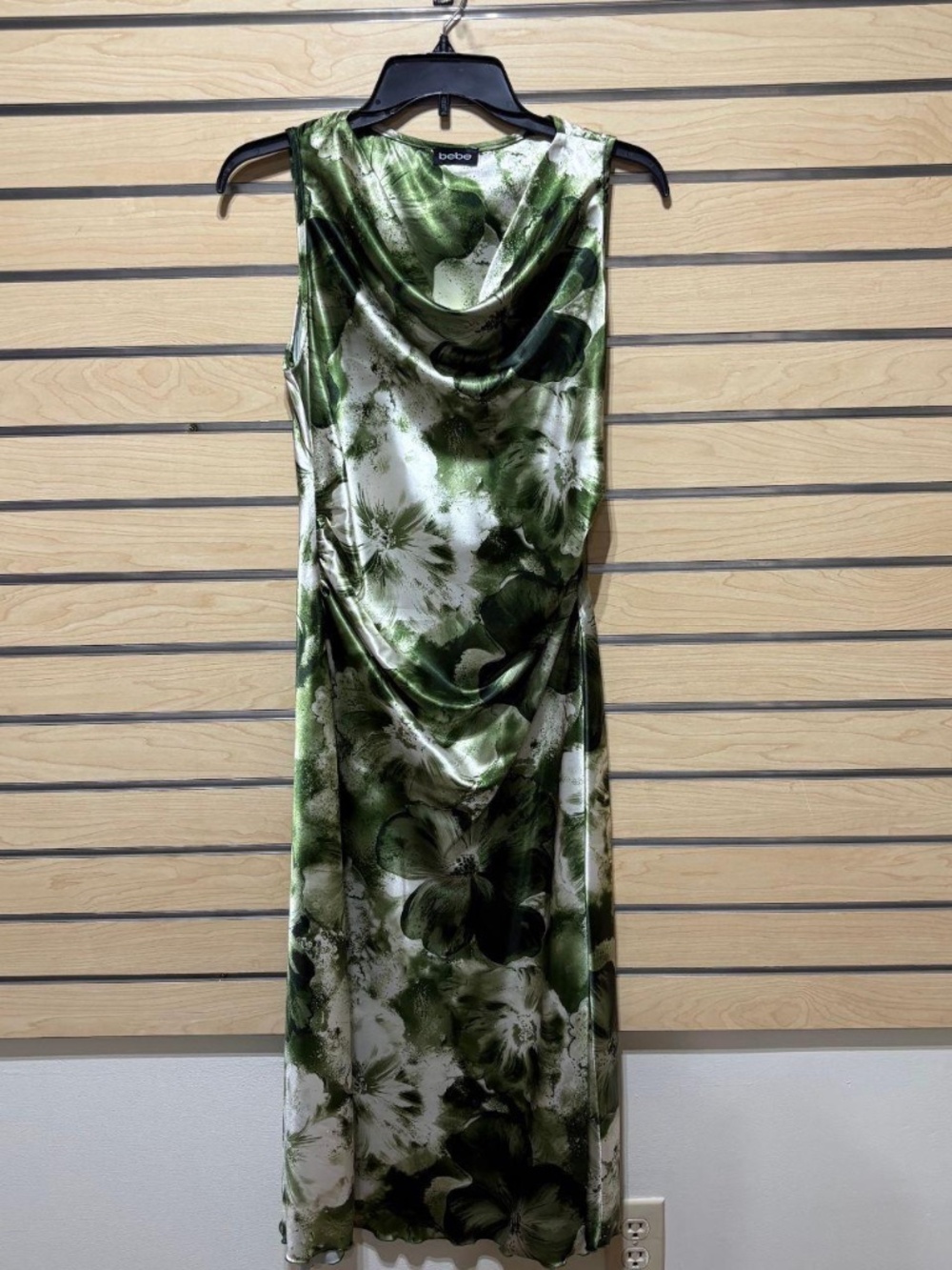 Bebe NWT Green Floral Satin Cowl Neck Ruched Midi Dress Sleeveless